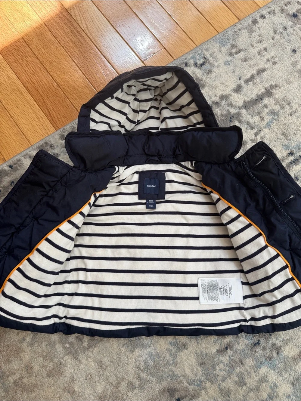 Baby GAP Navy Hooded Puffer Jacket with Striped Lining 6-12 months